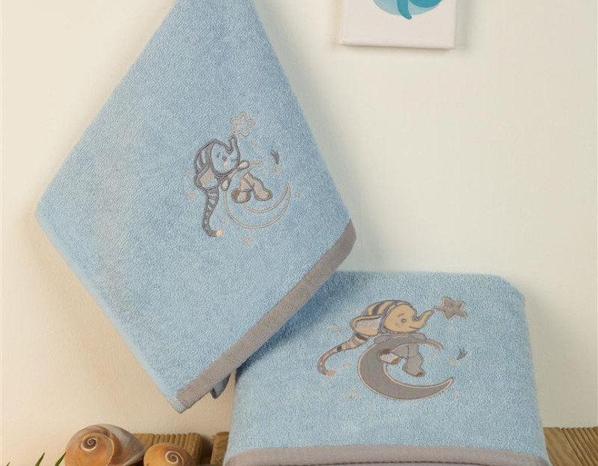 ΠΕΤΣΕΤΑ Με Κέντημα ΣΕΤ 2 τεμ bebe Dreaming Elephant 166 30X50,70X140 Σιελ 100% Cotton