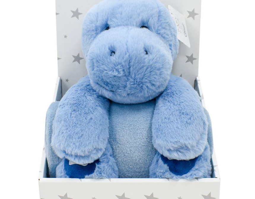 Λούτρινο Ζωάκι Σετ 2 Τεμ. bebe Dinosaur 01 Ύψος 25 cm & Κουβέρτα Coral Fleece 75X90 cm Blue 100% Polyester