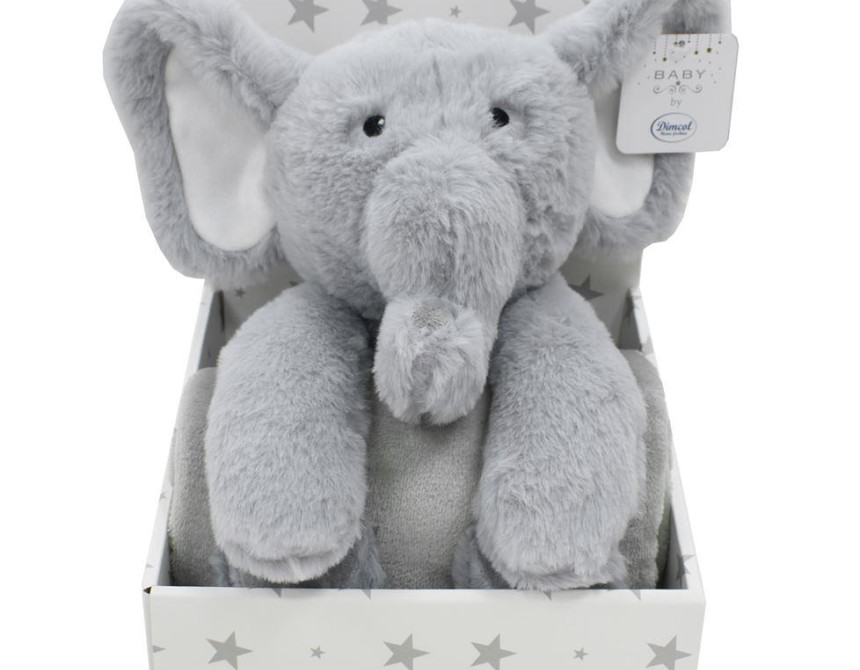 Λούτρινο Ζωάκι Σετ 2 Τεμ. bebe Elephant 03 Ύψος 25 cm & Κουβέρτα Coral Fleece 75X90 cm Grey 100% Polyester