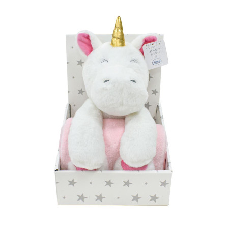 Λούτρινο Ζωάκι Σετ 2 Τεμ. bebe Unicorn 02 Ύψος 25 cm & Κουβέρτα Coral Fleece 75X90 cm White-Pink 100% Polyester