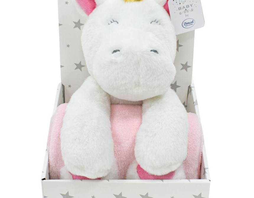 Λούτρινο Ζωάκι Σετ 2 Τεμ. bebe Unicorn 02 Ύψος 25 cm & Κουβέρτα Coral Fleece 75X90 cm White-Pink 100% Polyester