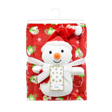 Χριστουγεννιάτικο Λούτρινο Σετ 2 Τεμ. bebe Snowman 27 Ύψος 30 cm & Κουβέρτα Coral Fleece 75X100cm Red 100% Polyester