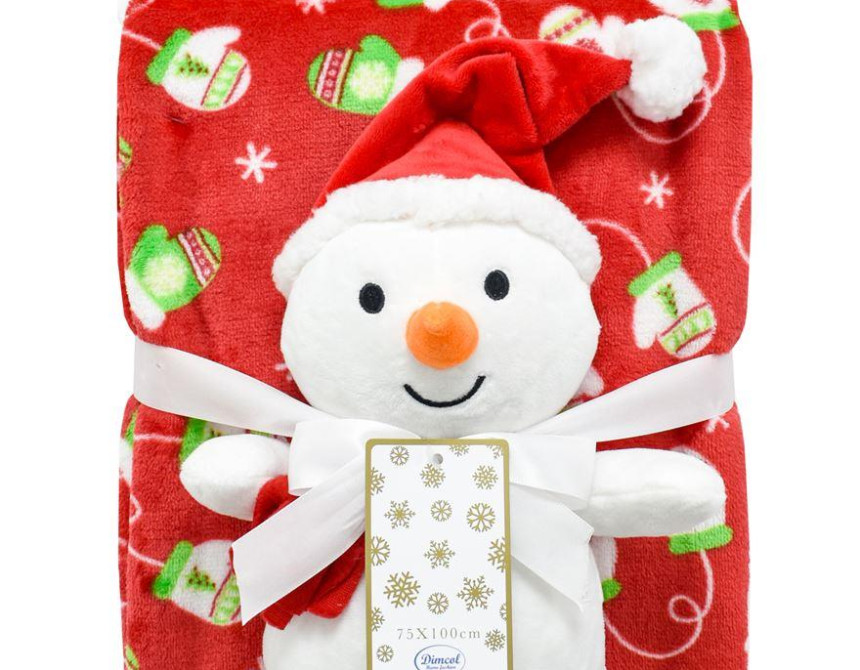 Χριστουγεννιάτικο Λούτρινο Σετ 2 Τεμ. bebe Snowman 27 Ύψος 30 cm & Κουβέρτα Coral Fleece 75X100cm Red 100% Polyester