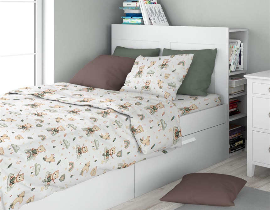 Σεντόνια Εμπριμέ Σετ 3 τεμ kids Cloudy Bear 581 160X240 White-Olive 100% Cotton