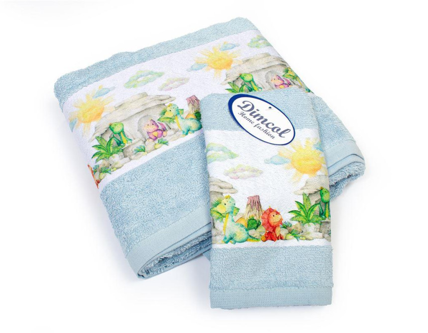 Πετσέτα Σετ 2 τεμ Με Ψηφιακή Εκτύπωση bebe Dinosaurs 310 30X50,70X140 Sky Blue 100% Cotton