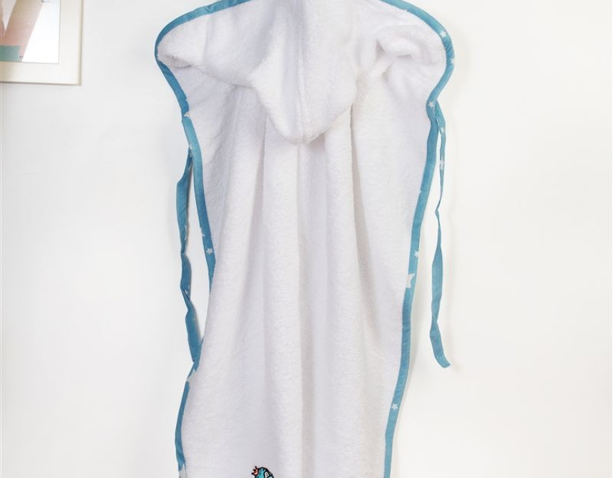 Κάπα Με Κέντημα bebe Dinosaur 180 75X85 White-Sky Blue 100% Cotton
