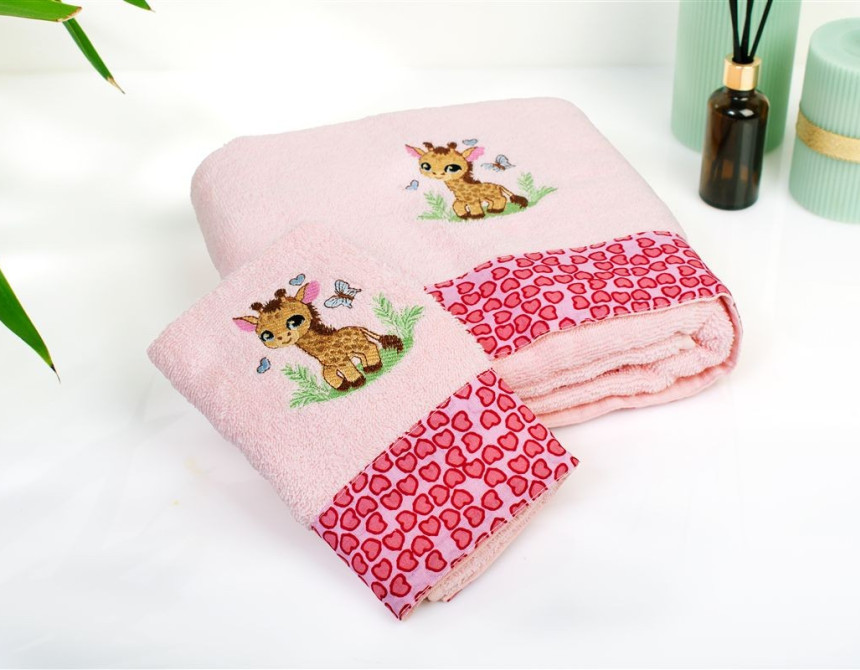 Πετσέτα Με Κέντημα Σετ 2 τεμ bebe Giraffe 171 30X50,70X140 Pink 100% Cotton