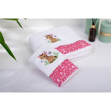 Πετσέτα Με Κέντημα Σετ 2 τεμ bebe Giraffe 172 30X50,70X140 White-Pink 100% Cotton