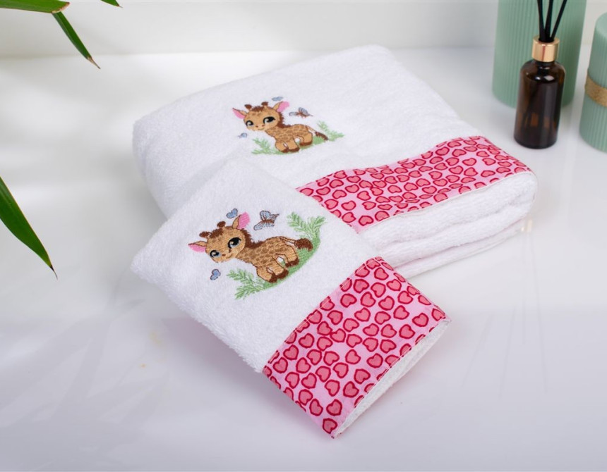 Πετσέτα Με Κέντημα Σετ 2 τεμ bebe Giraffe 172 30X50,70X140 White-Pink 100% Cotton
