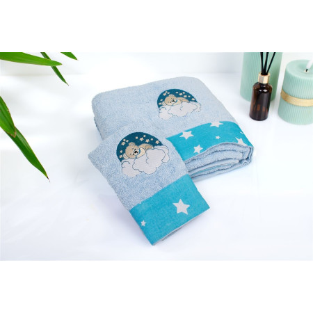 Πετσέτα Με Κέντημα Σετ 2 τεμ bebe Cloudy Bear 175 30X50,70X140 Sky Blue 100% Cotton