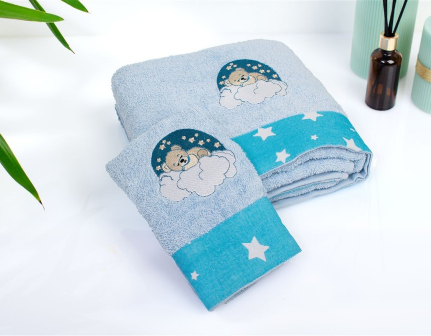 Πετσέτα Με Κέντημα Σετ 2 τεμ bebe Cloudy Bear 175 30X50,70X140 Sky Blue 100% Cotton