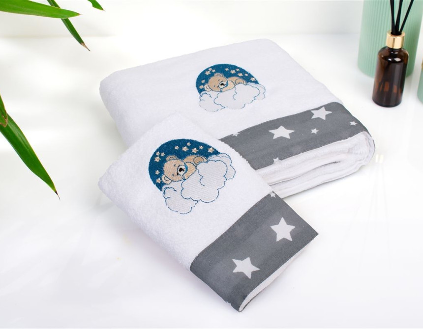 Πετσέτα Με Κέντημα Σετ 2 τεμ bebe Cloudy Bear 176 30X50,70X140 White-Grey 100% Cotton