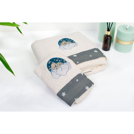Πετσέτα Με Κέντημα Σετ 2 τεμ bebe Cloudy Bear 177 30X50,70X140 Ecru-Grey 100% Cotton