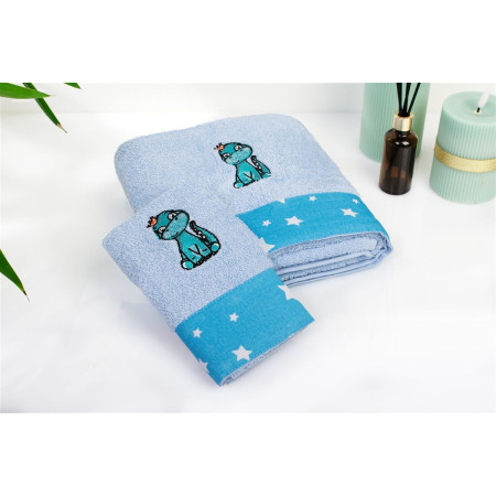 Πετσέτα Με Κέντημα Σετ 2 τεμ bebe Dinosaur 179 30X50,70X140 Sky Blue 100% Cotton