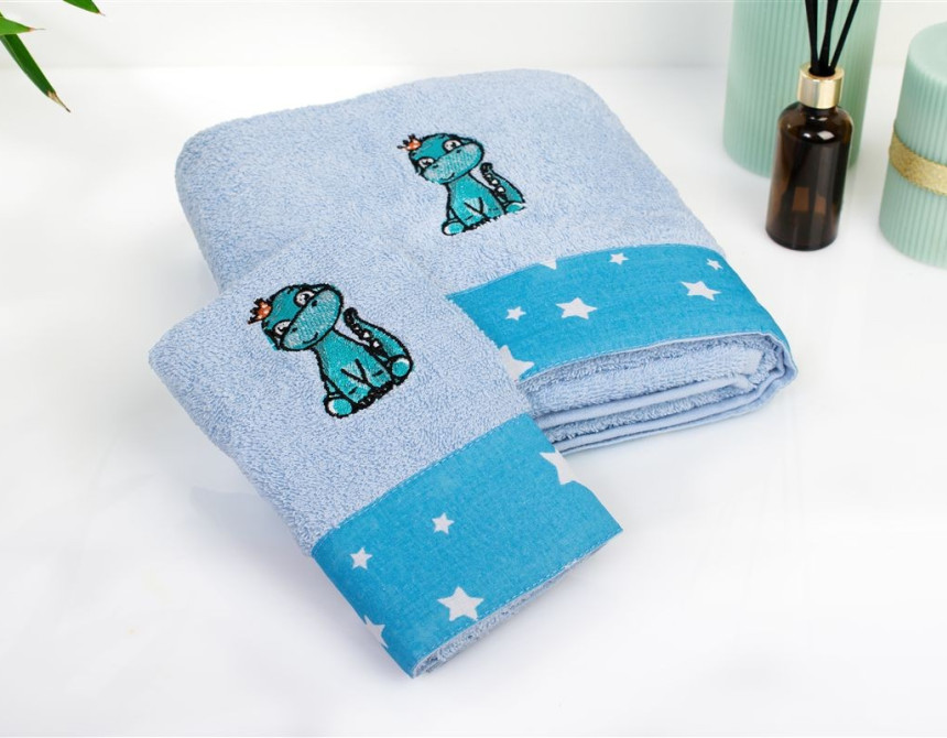 Πετσέτα Με Κέντημα Σετ 2 τεμ bebe Dinosaur 179 30X50,70X140 Sky Blue 100% Cotton