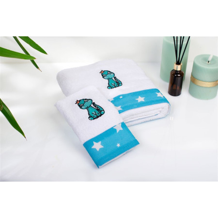 Πετσέτα Με Κέντημα Σετ 2 τεμ bebe Dinosaur 180 30X50,70X140 White-Sky Blue 100% Cotton