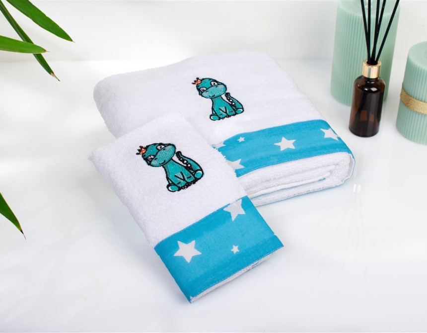 Πετσέτα Με Κέντημα Σετ 2 τεμ bebe Dinosaur 180 30X50,70X140 White-Sky Blue 100% Cotton