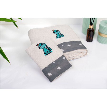 Πετσέτα Με Κέντημα Σετ 2 τεμ bebe Dinosaur 181 30X50,70X140 Ecru-Grey 100% Cotton