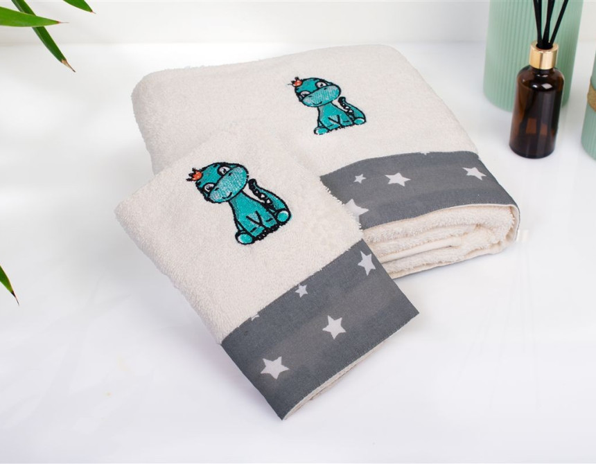 Πετσέτα Με Κέντημα Σετ 2 τεμ bebe Dinosaur 181 30X50,70X140 Ecru-Grey 100% Cotton