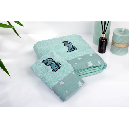 Πετσέτα Με Κέντημα Σετ 2 τεμ bebe Dinosaur 182 30X50,70X140 Mint 100% Cotton