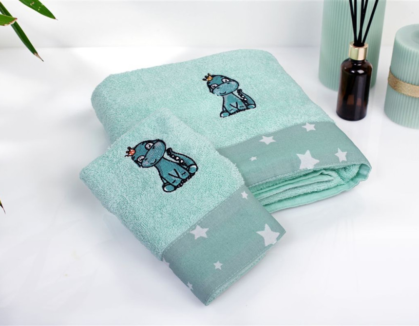 Πετσέτα Με Κέντημα Σετ 2 τεμ bebe Dinosaur 182 30X50,70X140 Mint 100% Cotton
