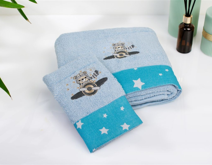 Πετσέτα Με Κέντημα Σετ 2 τεμ bebe Aviator 183 30X50,70X140 Sky Blue 100% Cotton