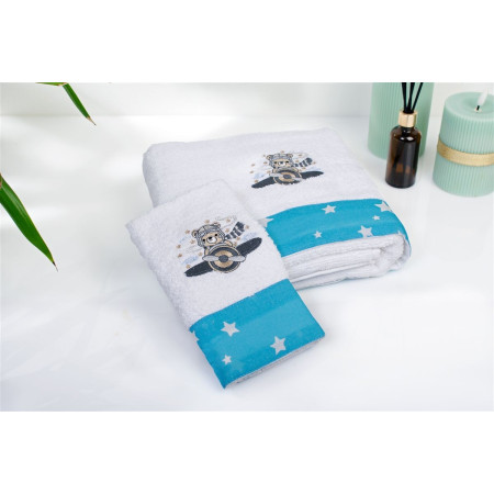 Πετσέτα Με Κέντημα Σετ 2 τεμ bebe Aviator 184 30X50,70X140 White-Sky Blue 100% Cotton