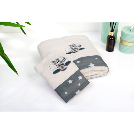 Πετσέτα Με Κέντημα Σετ 2 τεμ bebe Aviator 185 30X50,70X140 Ecru-Grey 100% Cotton