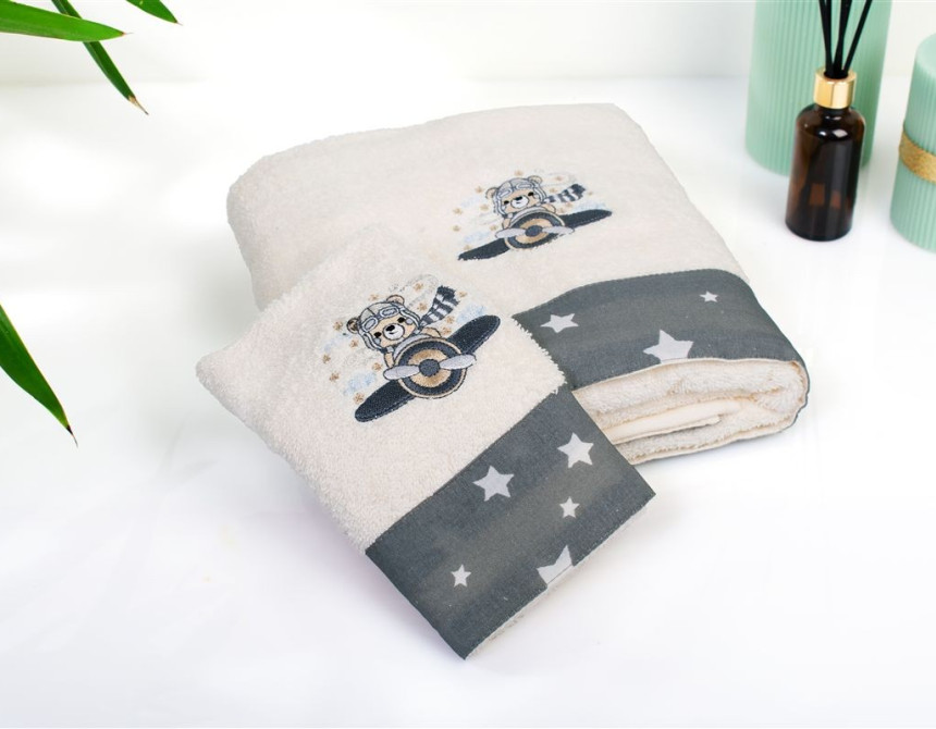 Πετσέτα Με Κέντημα Σετ 2 τεμ bebe Aviator 185 30X50,70X140 Ecru-Grey 100% Cotton