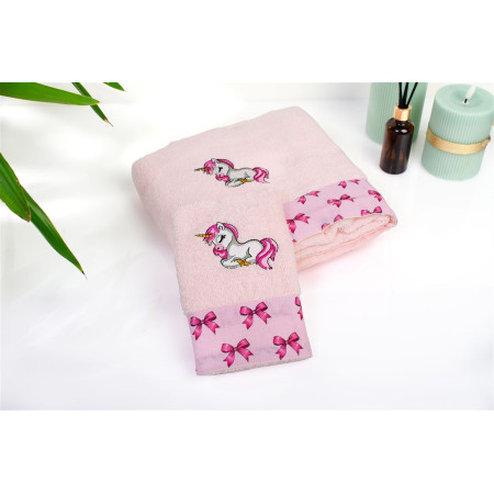 Πετσέτα Με Κέντημα Σετ 2 τεμ bebe Unicorn 187 30X50,70X140 Pink 100% Cotton
