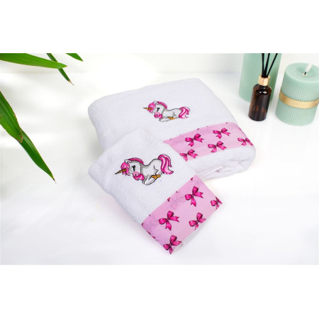Πετσέτα Με Κέντημα Σετ 2 τεμ bebe Unicorn 188 30X50,70X140 White-Pink 100% Cotton