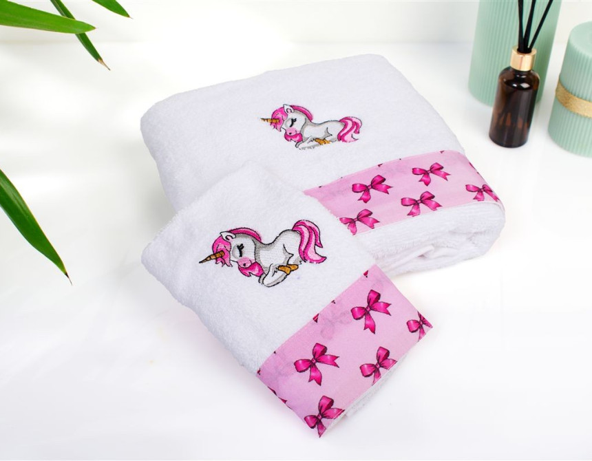 Πετσέτα Με Κέντημα Σετ 2 τεμ bebe Unicorn 188 30X50,70X140 White-Pink 100% Cotton