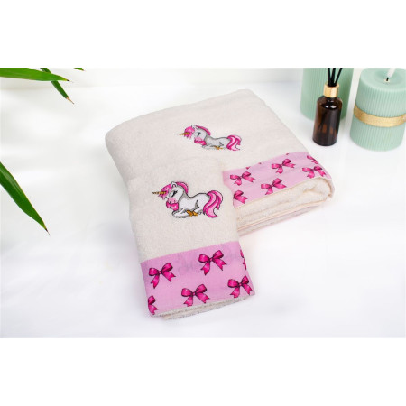 Πετσέτα Με Κέντημα Σετ 2 τεμ bebe Unicorn 189 30X50,70X140 Ecru-Pink 100% Cotton