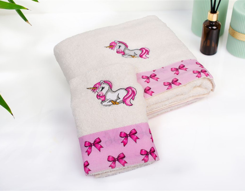 Πετσέτα Με Κέντημα Σετ 2 τεμ bebe Unicorn 189 30X50,70X140 Ecru-Pink 100% Cotton
