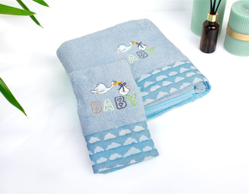Πετσέτα Με Κέντημα Σετ 2 τεμ bebe Stork 191 30X50,70X140 Sky Blue 100% Cotton
