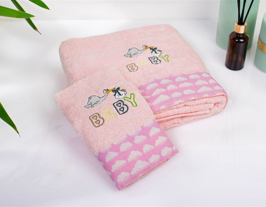 Πετσέτα Με Κέντημα Σετ 2 τεμ bebe Stork 192 30X50,70X140 Pink 100% Cotton