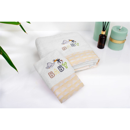 Πετσέτα Με Κέντημα Σετ 2 τεμ bebe Stork 193 30X50,70X140 White-Yellow 100% Cotton