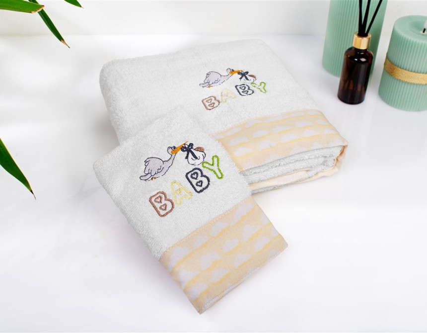 Πετσέτα Με Κέντημα Σετ 2 τεμ bebe Stork 193 30X50,70X140 White-Yellow 100% Cotton