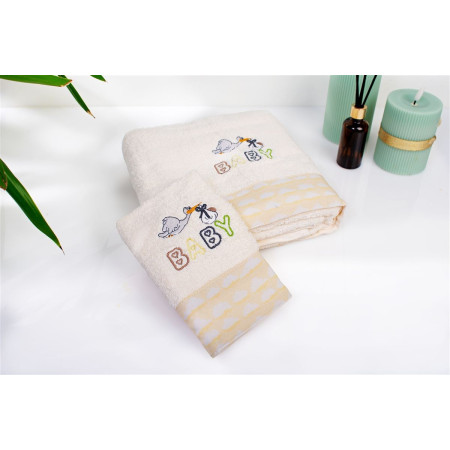 Πετσέτα Με Κέντημα Σετ 2 τεμ bebe Stork 194 30X50,70X140 Ecru-Yellow 100% Cotton