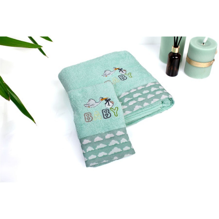 Πετσέτα Με Κέντημα Σετ 2 τεμ bebe Stork 195 30X50,70X140 Mint 100% Cotton