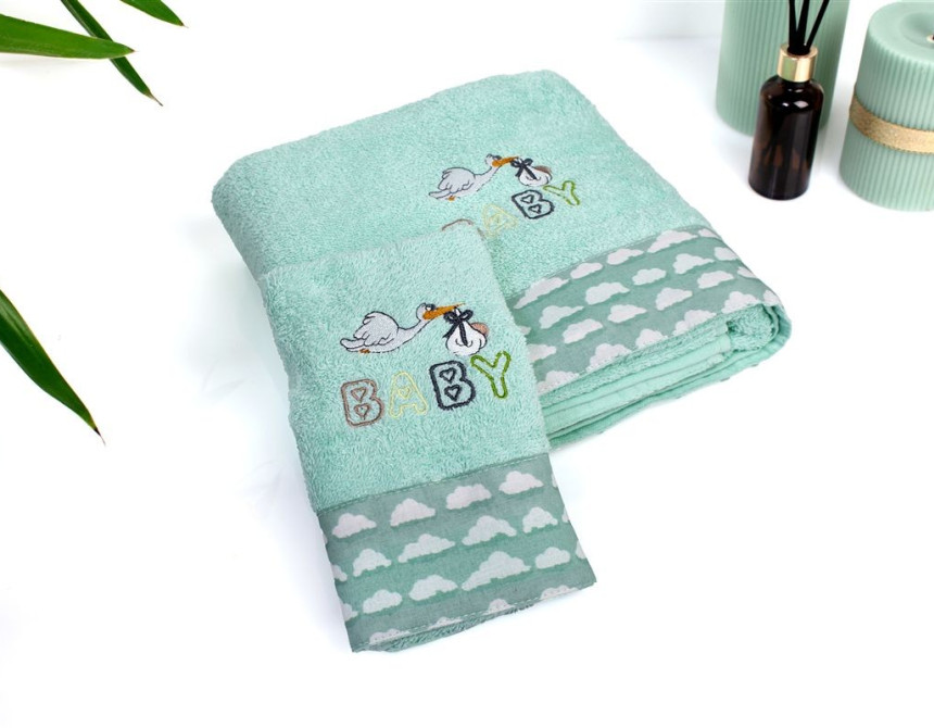 Πετσέτα Με Κέντημα Σετ 2 τεμ bebe Stork 195 30X50,70X140 Mint 100% Cotton
