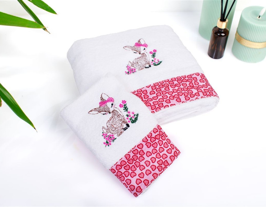 Πετσέτα Με Κέντημα Σετ 2 τεμ bebe Deer 197 30X50,70X140 White-Pink 100% Cotton