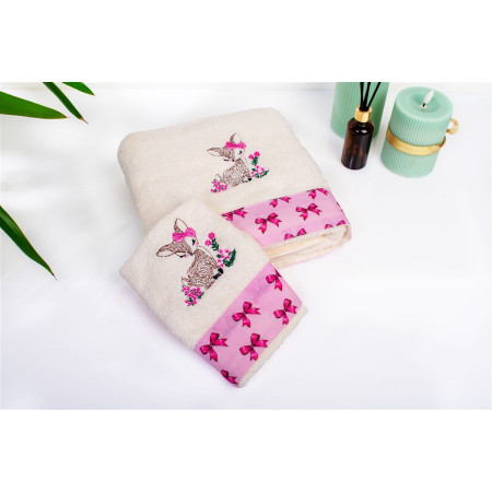 Πετσέτα Με Κέντημα Σετ 2 τεμ bebe Deer 198 30X50,70X140 Ecru-Pink 100% Cotton