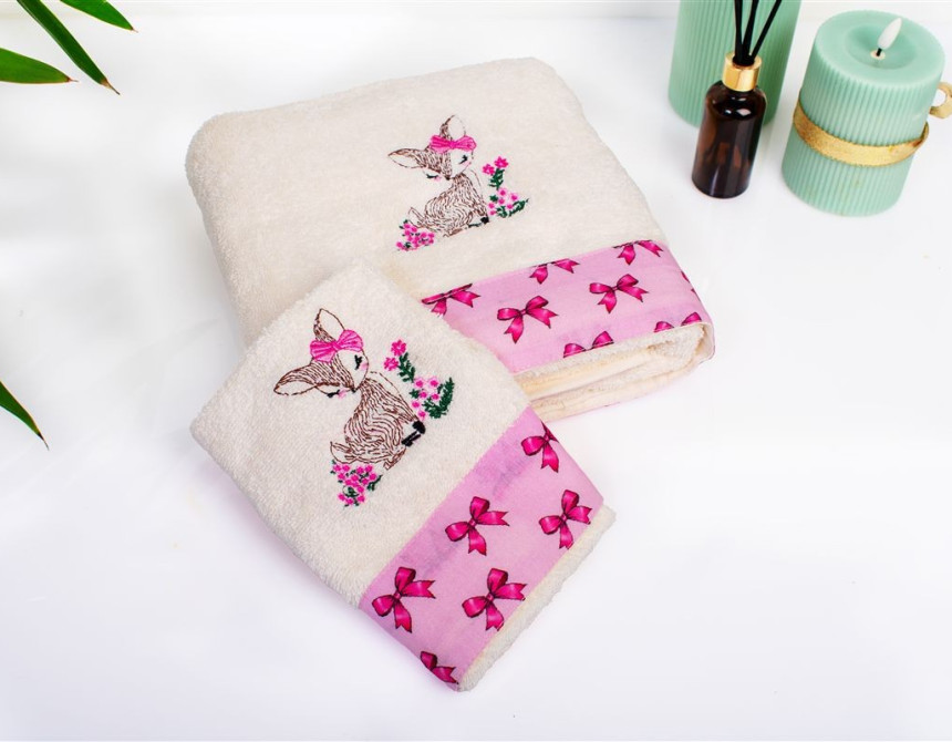 Πετσέτα Με Κέντημα Σετ 2 τεμ bebe Deer 198 30X50,70X140 Ecru-Pink 100% Cotton