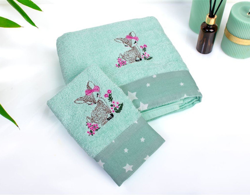 Πετσέτα Με Κέντημα Σετ 2 τεμ bebe Deer 199 30X50,70X140 Mint 100% Cotton