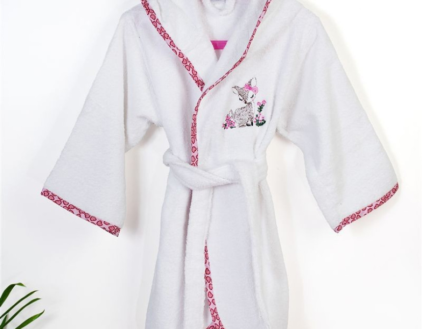 Μπουρνούζι Με Κέντημα kids Deer 197 Size: 04 White-Pink 100% Cotton