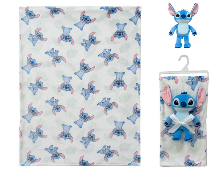 Λούτρινο Disney Home Σετ 2 Τεμ. bebe Stitch 28 Ύψος 25 cm & Κουβέρτα Coral Fleece 75X100 cm White-Blue 100% Polyester