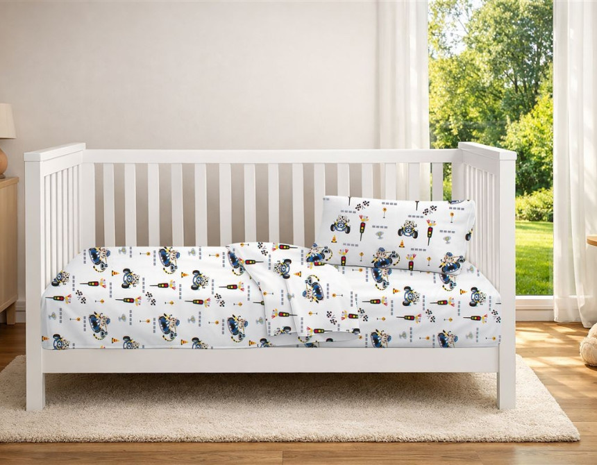Παπλωματοθήκη Εμπριμέ bebe Animal Grand Prix 589 120X160 White-Blue 100% Cotton