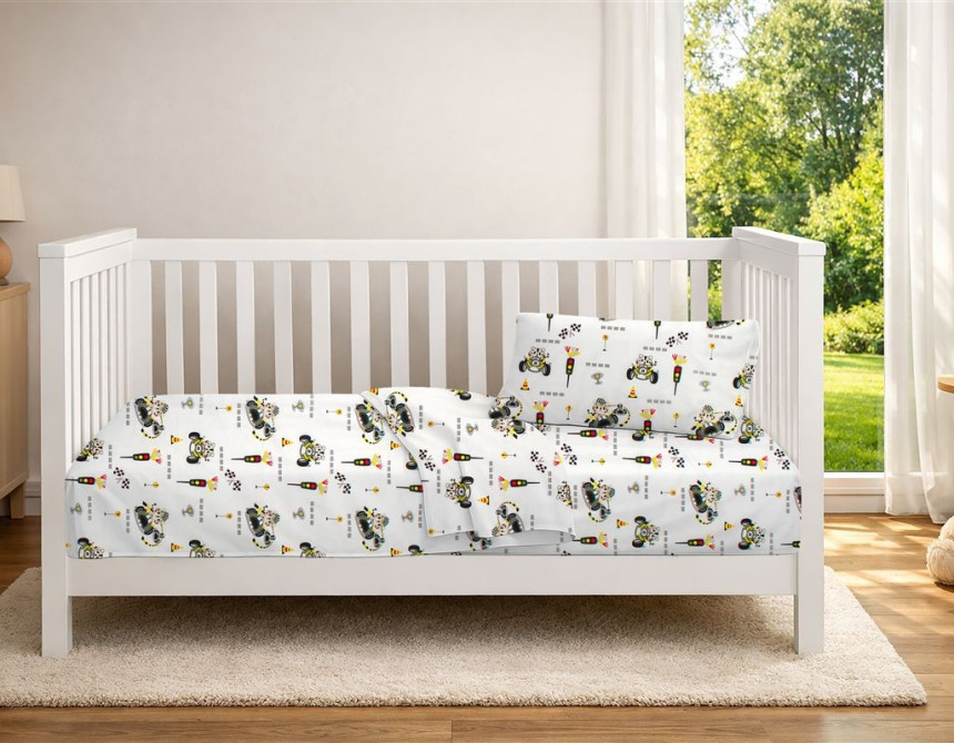 Παπλωματοθήκη Εμπριμέ bebe Animal Grand Prix 590 120X160 White-Olive 100% Cotton