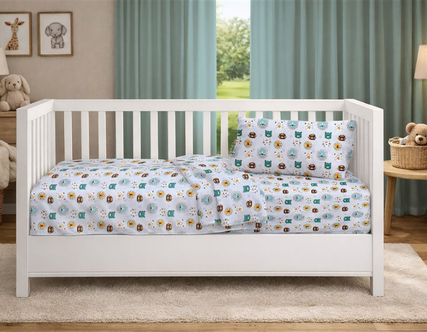 Σεντόνια Εμπριμέ Σετ 3 τεμ bebe Big Cats 28 120X160 Light Aqua 100% Cotton